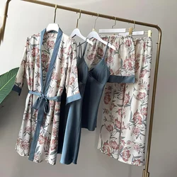 5pc Print Pajamas Set Lace Kimono Bathrobe Gown Sleep Suit Spring Summer Silky Satin Pijamas Suit Women Sleepwear Lingerie