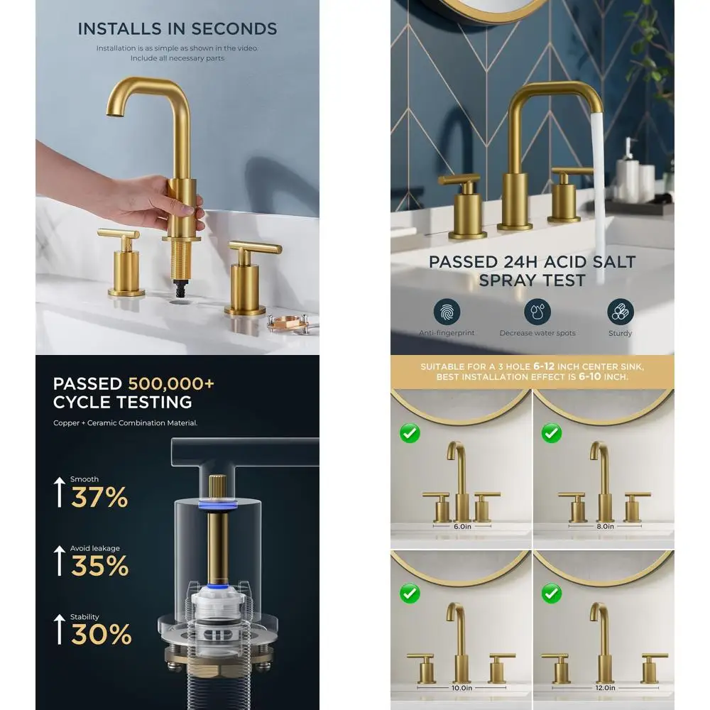 

3 отверстия, 8 широко распространенных матовых золотых смесителей для раковины с 2 ручками, 360° ° Поворотный излив, выдвижной слив и шланги для туалетного столика и