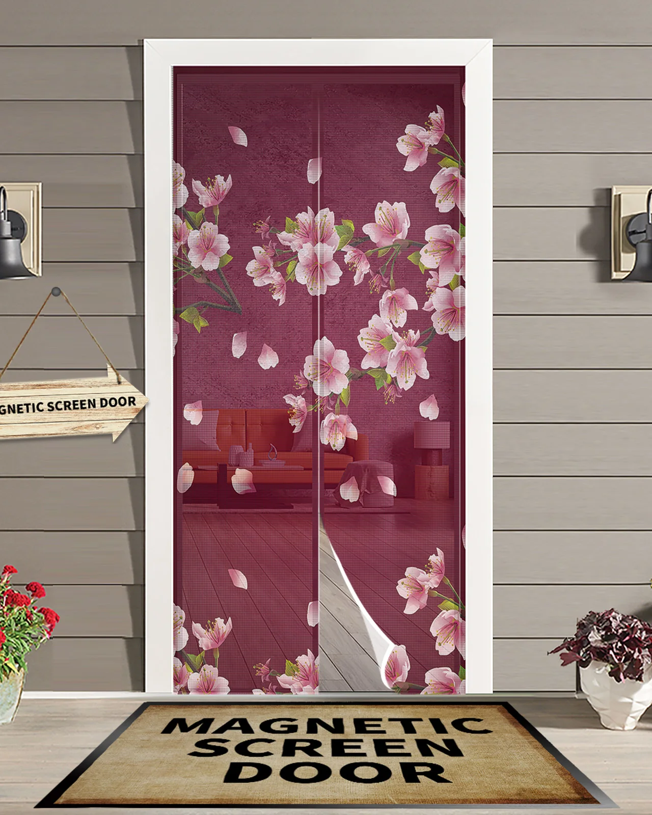 Plum Blossom Petal Branch Magnetic Mosquito Net Summer Anti Bug Fly Door Curtains Kitchen Screen Door Mesh