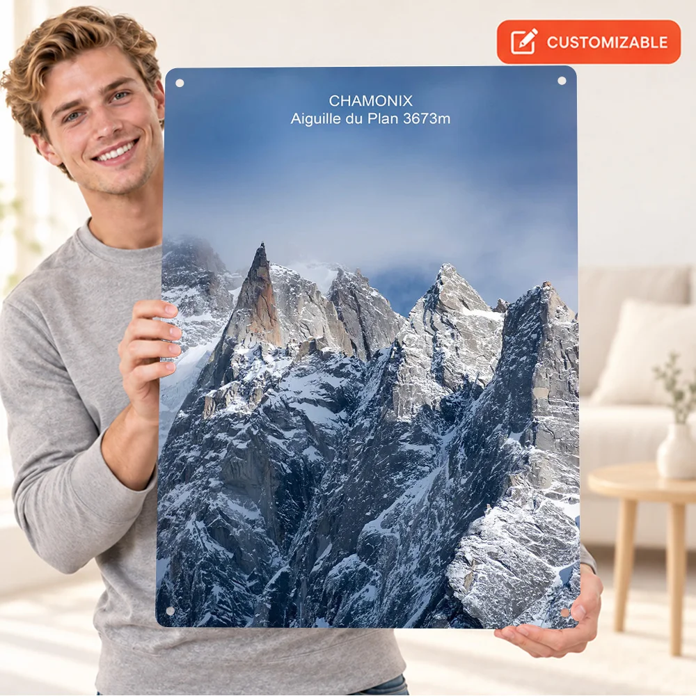 Aiguille Du Plan Mountain Textured Metal Poster Customized Aluminum Sign Photography Wall Art For Holiday Rental Living Room