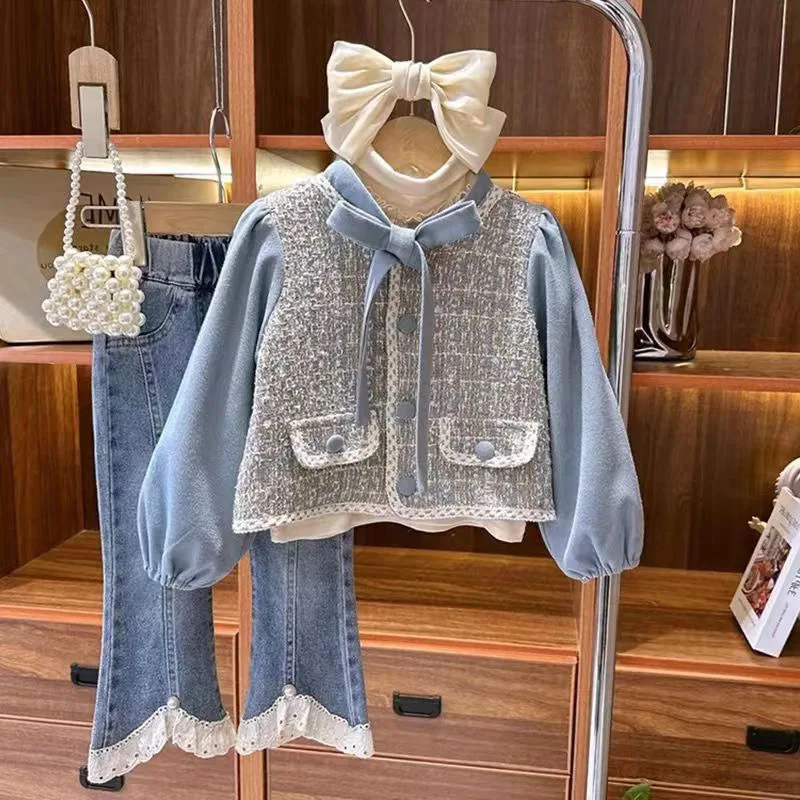 

Girls Suits Small Fragrant Wind Set 2024 New Spring Fashion Three-piece Set Girls Baby Foreign Style Spring Children Suits