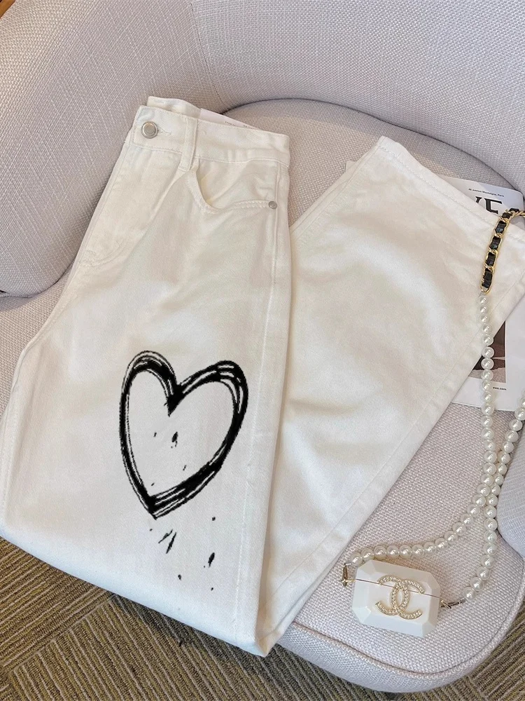 

Faionable Street Art fiti Джинсы с принтом Высокая талия Широкие брюки и лето Американский High Street Хип-хоп Свободная посадка