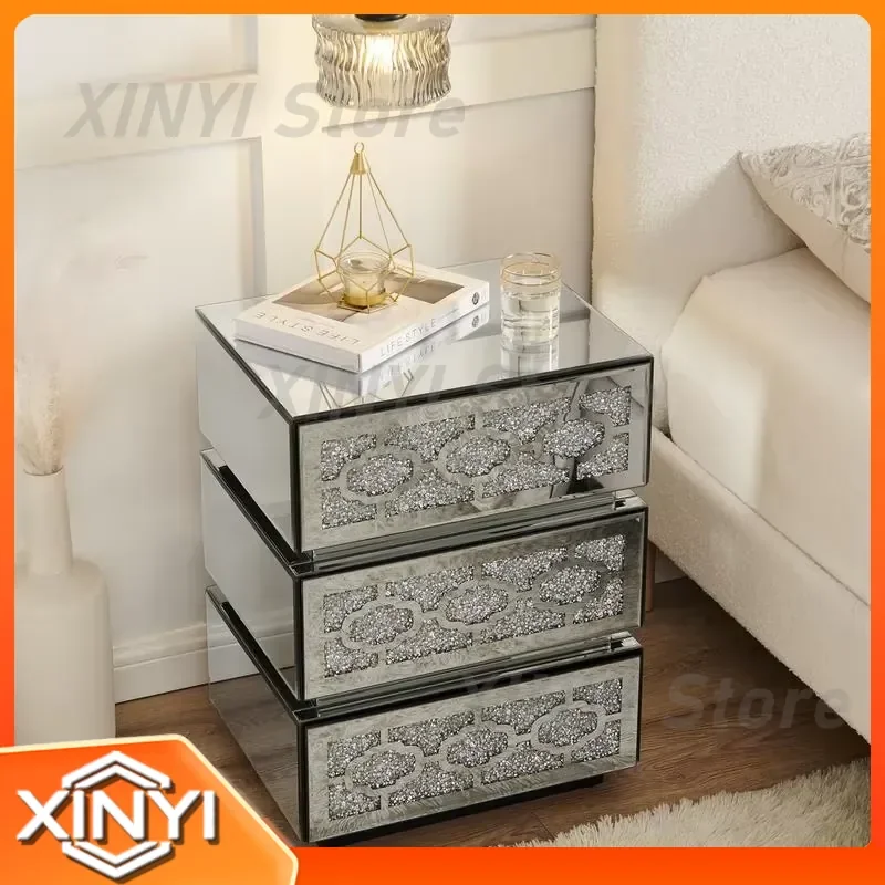 Mirrored Nightstand for Bedroom Dorm Living Room Side Table with 3 Drawers Silver Accent Crushed Diamond End Table Furniture