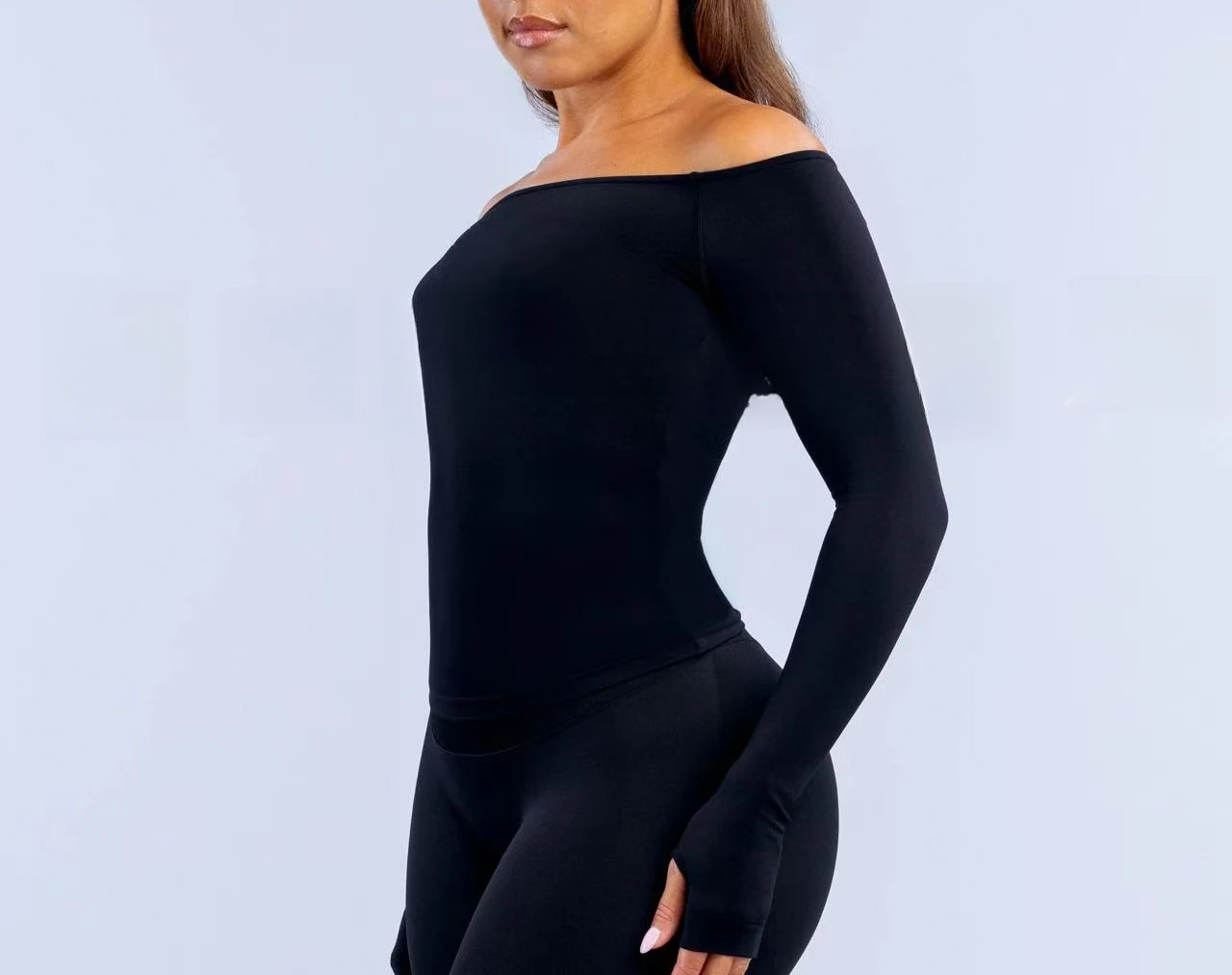 Denyf Neues schulterfreies Langarm-T-Shirt, feuchtigkeitsableitend, hochelastisch, schnelltrocknend, für Outdoor-Laufsport, Fitness und Yoga, Damenbekleidung – Detail 9