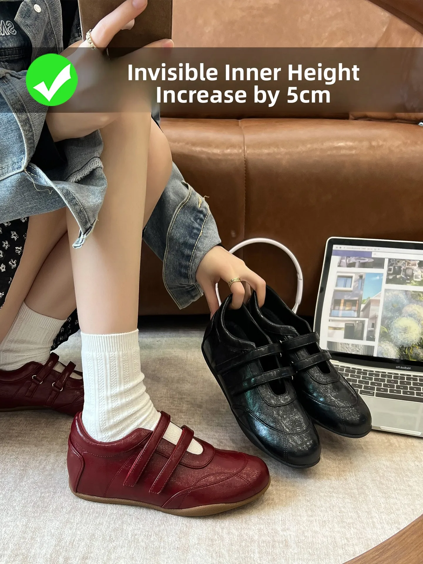 Retro round Head Magic Stick Mary Jane Shoes Women's Heightening Thin Bottom Ballet Shoes Slip-On Commuter Single Shoes
