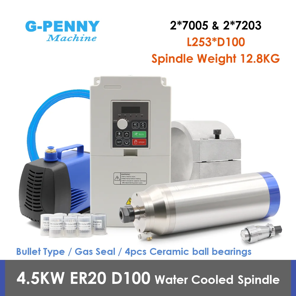 G-Penny 4.5KW ER20 Bullet Nozzle Spindle Water Cooling for Granite 6000-24000rpm D100mm Ceramic Bearings & 3.7KW VFD & Bracket