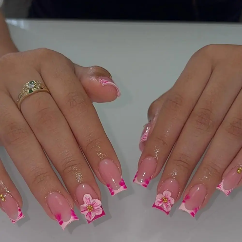 

Съемные длинные накладные ногти балерины с розовыми цветами и полосками, французские накладные ногти, полное покрытие, пресс для ногтей, сделай сам