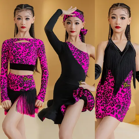 Neon Pink Leopard Latin Dance Dress Girls Cha Cha Rumba Samba Dance Performance Costume Competition Clothes Fringe Dress BL13636
