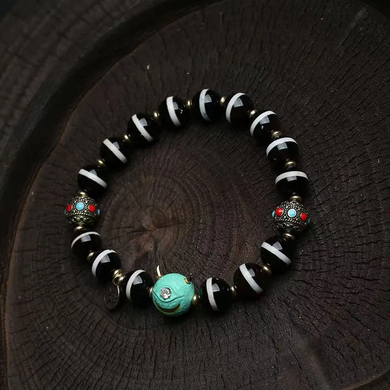 Natural Old Westia Inlaid Bead Artisan Bracelet Single-Strand Agate White Crystal Turquoise Buddhist Prayer Bead Bracelet