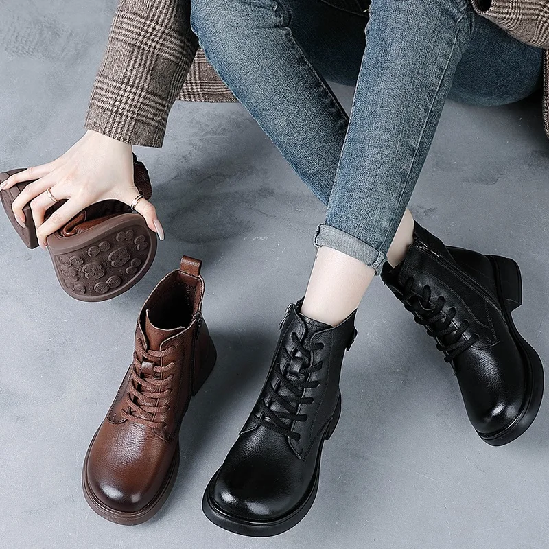 DRKANOL 2026 British Style Genuine Leather Ankle Boots For Women Winter Handmade Retro Plush Warm Thick Heel Casual Short Boots