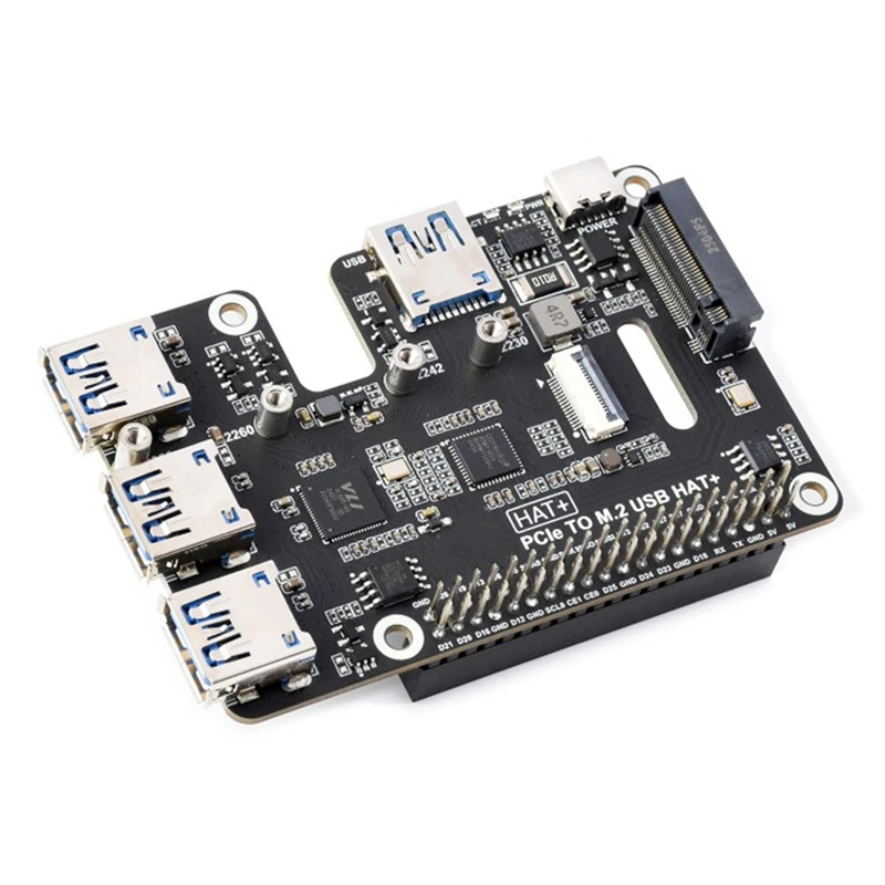 PCIe to USB 3.2 Gen1 and M.2 HAT for 5, Supports NVMe Protocol Solid State Drive, Expands 4-Ch USB 3.2 Port-ABVK