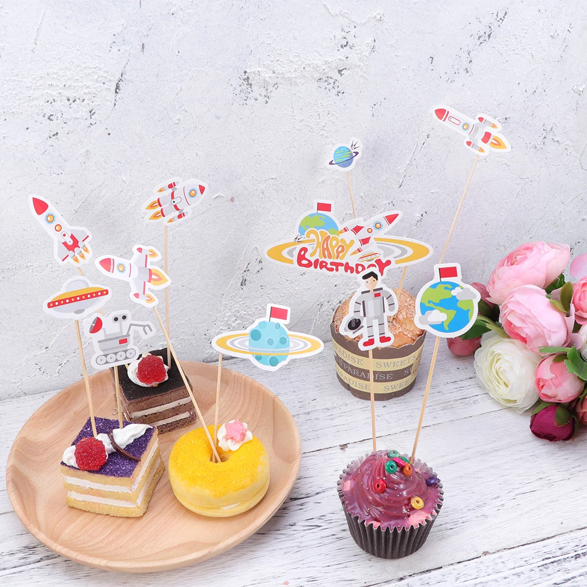 11 PCS Cake Toppers Flag Birthday Party Supplies Decor Space Cupcake Hardcover Cartoon