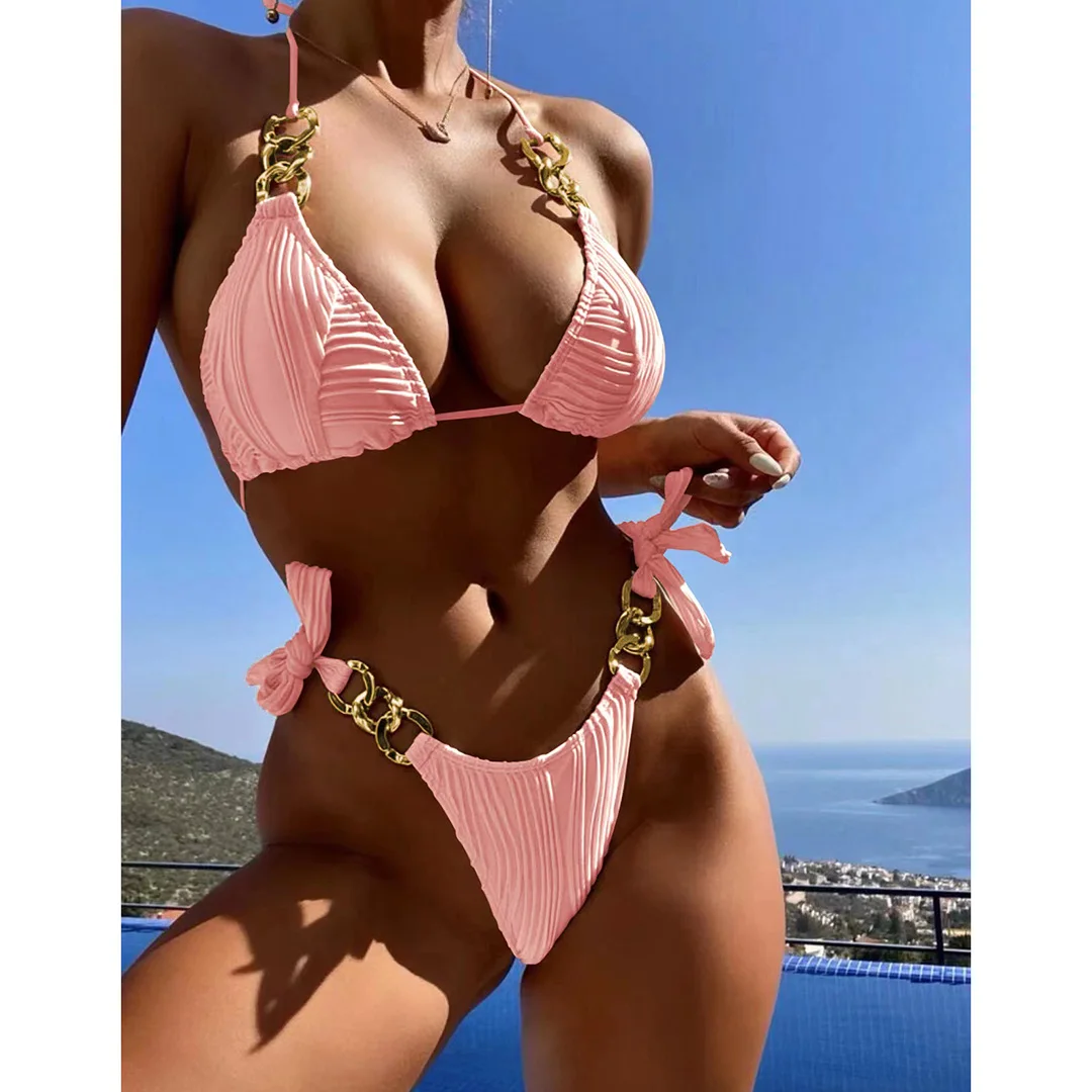 Metallringe, Neckholder, geraffter Bikini, Damen-Badeanzug, zweiteiliges Bikini-Set, Badebekleidung, Badeanzug, Damen-Bikini V4149SW – Detail 36
