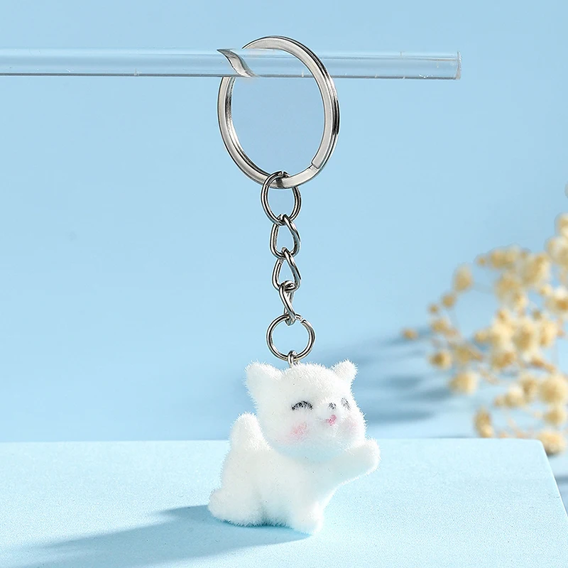 Couple Mobile Phone Pendant Cute 3D Flocking Cat Keychain Car Keyring Earphone Backpack Charms Bag Decoration