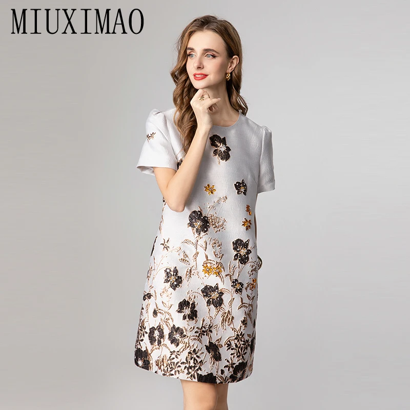 미우시마오 2025 패션 로얄 럭셔리 빈티지 자카드 가을 드레스 플로럴 드레스 A라인 숏 다이아몬드 드레스 여성 의류