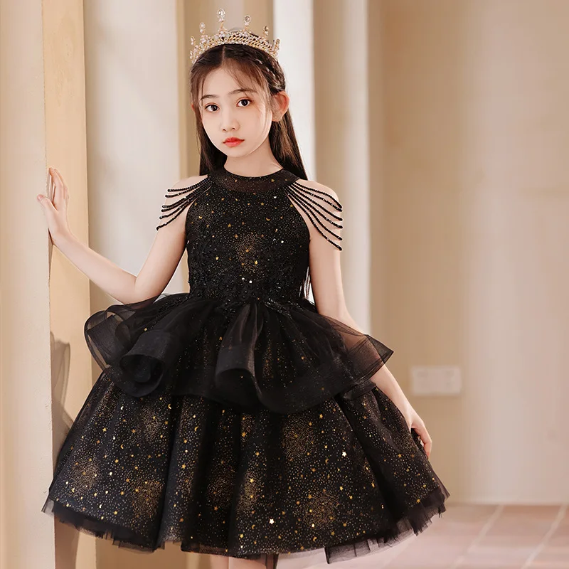 Luxury Flower Girl Dress Shiny Girls birthday party Dresses for Wedding Short Sleeves Tulle Kids Halloween Ceremonial Dress