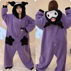 Kawaii Cartoon Kuromi Pajamas Suit Sanrios Anime Conjoined Nightwear Set Cute Homewear Autumn Winter Hooded Sleepwear Suit Girls