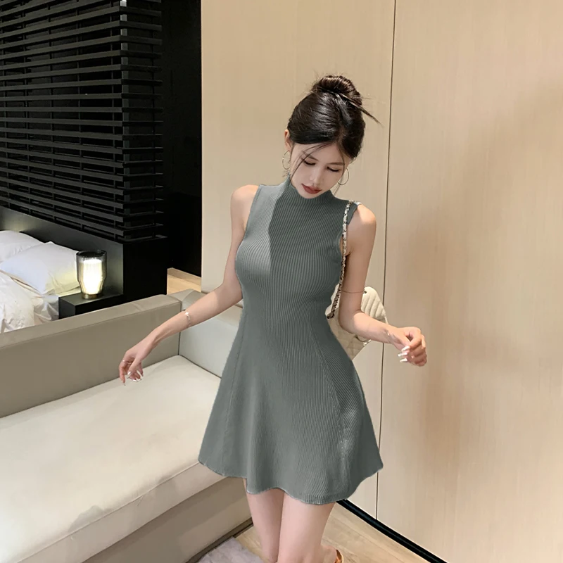 

Women's Summer Sleeveless Half Turtleneck A-line Casual Knitted Mini Dress