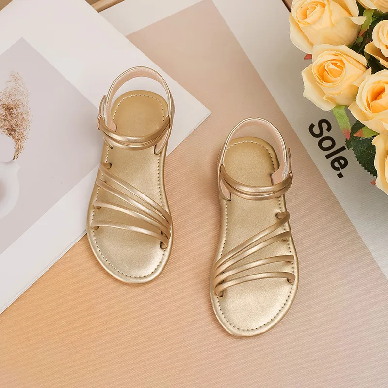 2025 Summer Comfort Beauty Children Golden Shoes Designer Elegant Roman Style Soft Soled Casual Versatile Girls Fashion Sandals