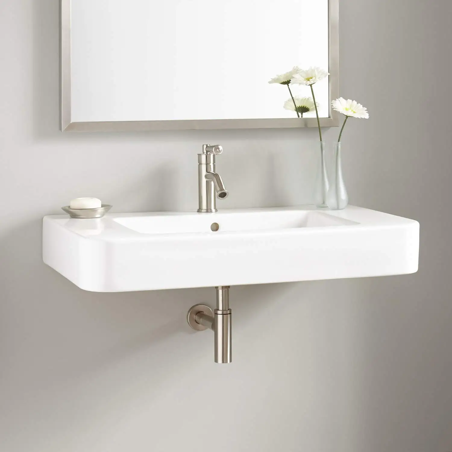 

424924 Burleson 34" Vitreous China Wall Mounted Bathroom Sink with Single Faucet Hole and Overflow - White, Customized