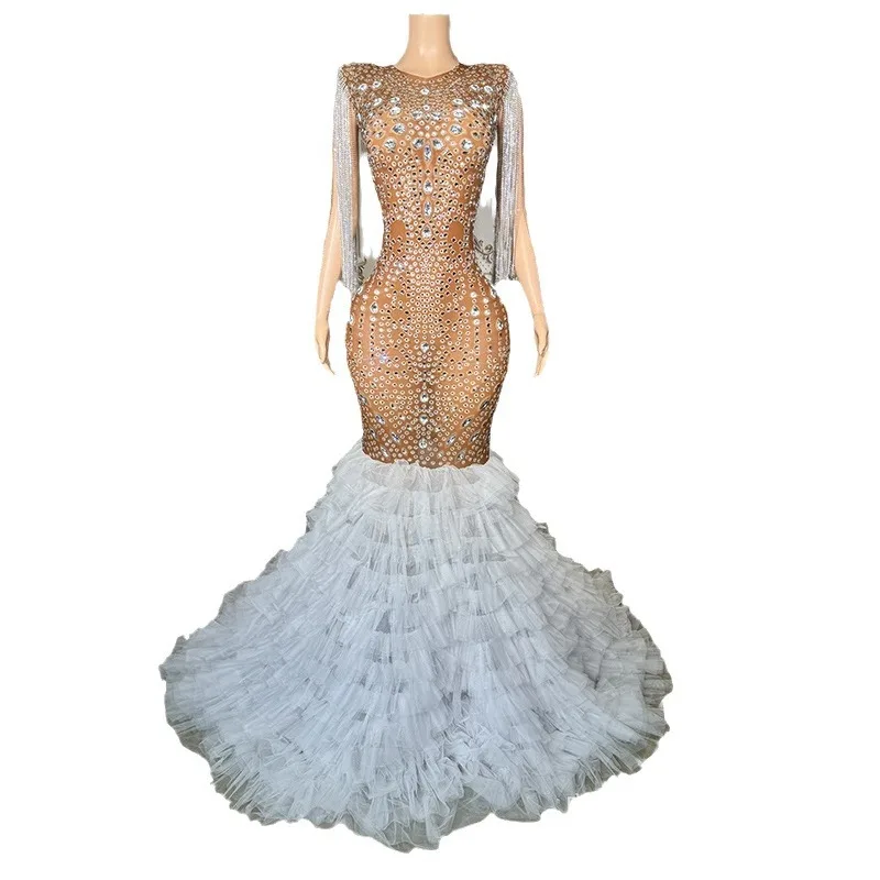 Tassel Bright Diamond Engagement Banquet Wedding Emcee Host Dress Star Red Carpet Catwalk Fashion Party Vestidos Para Graduación