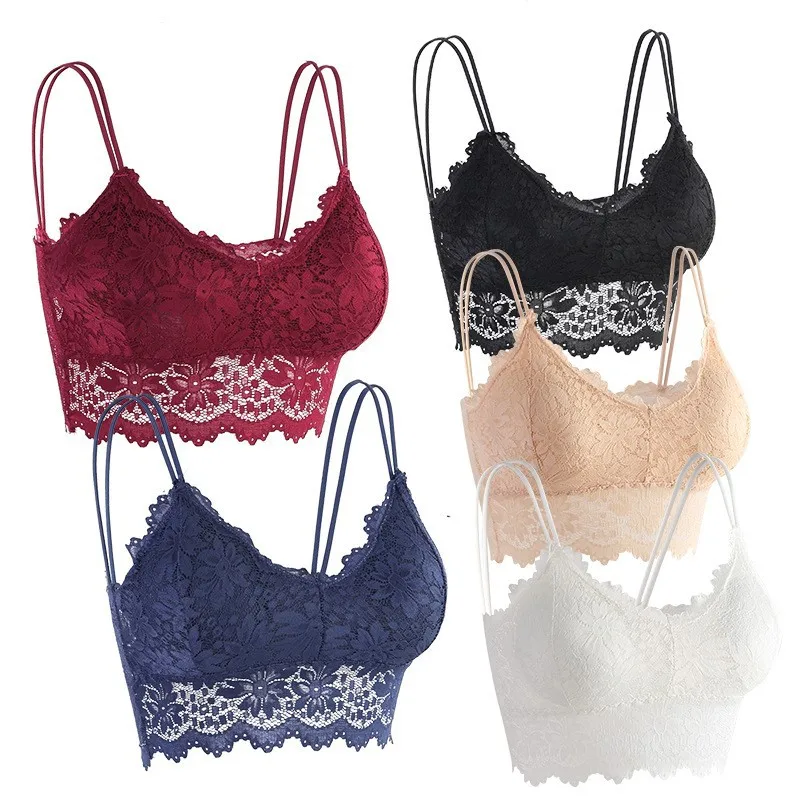 Lace Bra Double Shoulder Straps Crop Top Women Lace Tube Top Bralette Sexy Lingerie Removable Pad Female Tube Tops Underwear