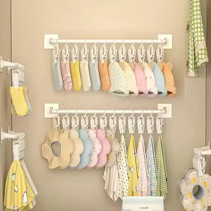 

White Kids Wardrobe Hanging Rod Punch-free Wall Mounted Hat Storage Rack With Clips Plastic Baby Saliva Towel Hook For Home