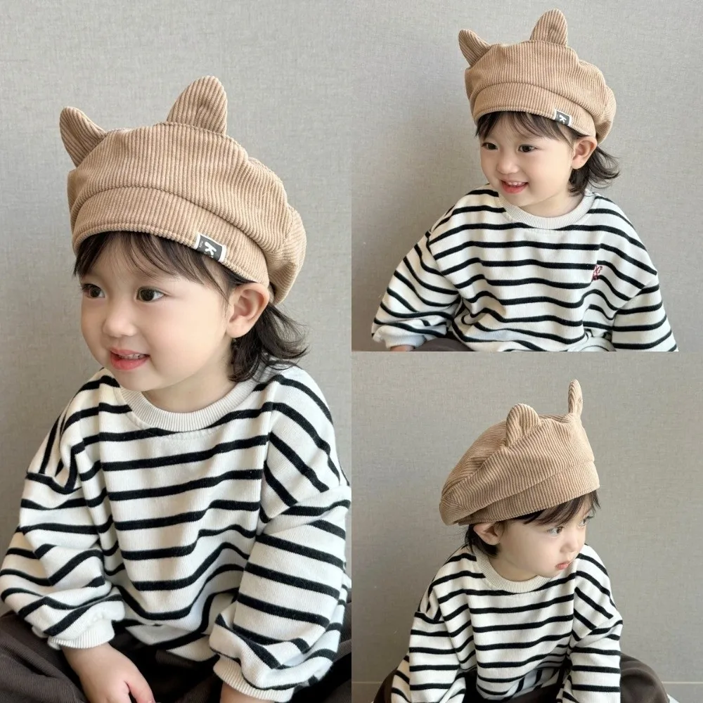 Topi Baret Kawaii Lucu Bahan Corduroy Korea Model Flat Top dengan Telinga Kucing untuk Anak Laki-laki dan Perempuan, Topi Lidah Bebek Manis untuk Musim Semi dan Gugur
