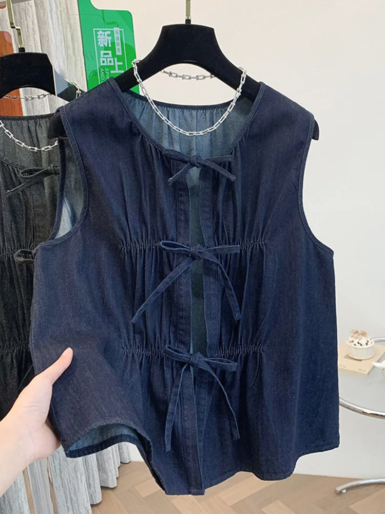 

Summer Women's Denim Vest Jaet Knot Belt Design Commute Sle Thin Material round Ne Single Button Pure Color