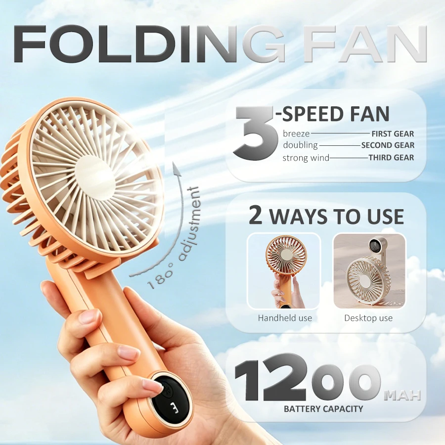 Handheld Desktop Fan 2-in-1, 3 Speeds, 1200mAh Battery, LED Screen, Quiet Strong, 180° Tilt, Portable Fan for Travel Hiking