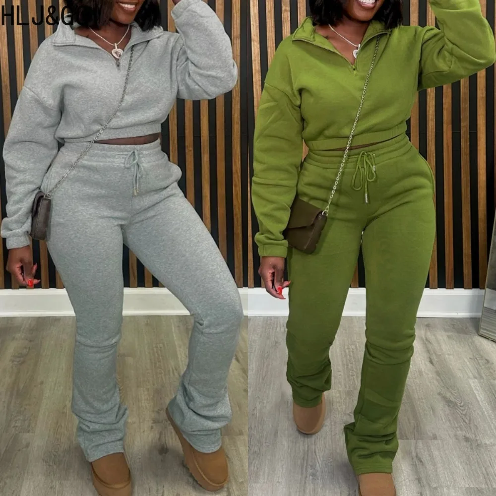 

HLJ&GG Autumn Winter New Solid Jogger Pants Two Piece Sets Women V Neck Long Sleeve Top And Pants Outfit Casual Sporty Clothing