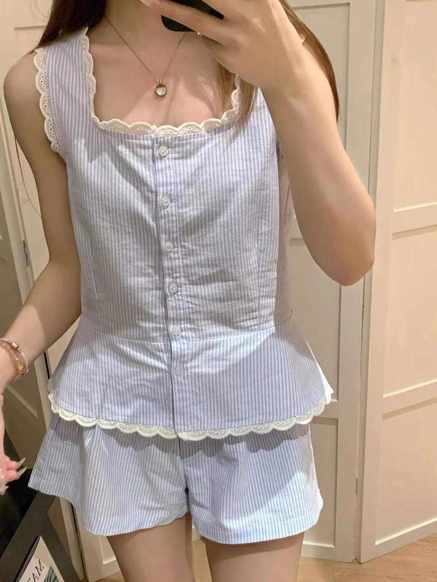 Striped Women Pajamas Summer Sleepwear Sleeveless Shorts Sets 2 Pieces Lace Night Wears Tank Korean Sleeping Home Suit 2025 New view 2