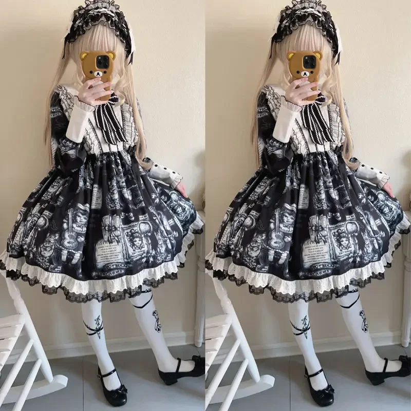 

CON Gothic Antique Cat Vintage Lolita OP Dress Women Dark Harajuku Cosplay Costumes Long Sleeve Victorian Princess Party Dress