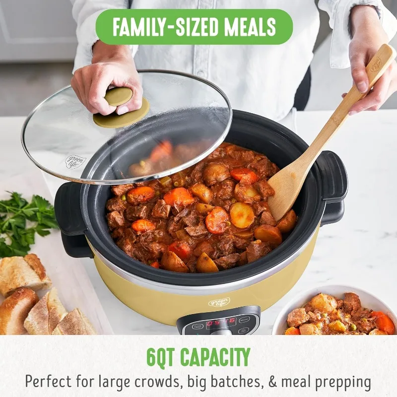 6 QT Ceramic Slow Cooker, PFAS-Free, Programmable, Removable Healthy Nonstick Pot, Butter Yellow