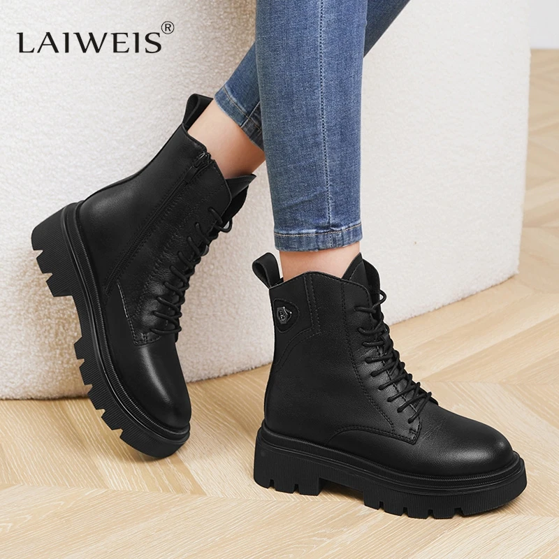 

Genuine Leather Shoes Women Boots Zip Round Toe Flat With Handmade Concise Leisure Sewing Platform Boots Women's Martin boots