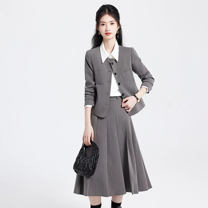 

Серый женский костюм, комплект2025, весна и осень, новый стиль, элегантный студенческий стиль, модная рабочая одежда, профессиональный костюм, юбка
