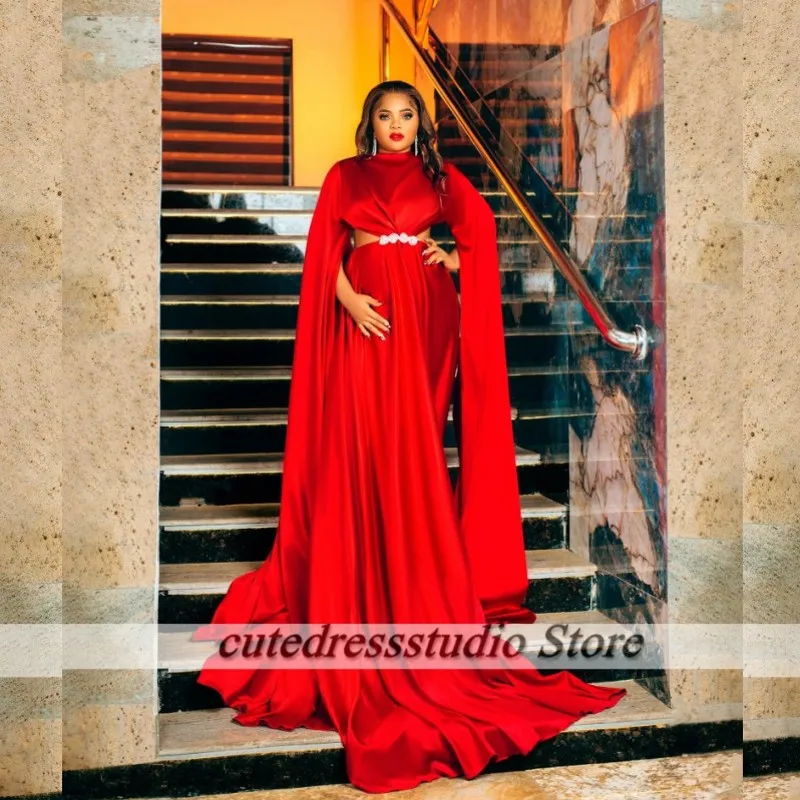 Abendkleider Luxus Red Long Sleeves Evening Dresses Satin African Women Split Party Gowns vestido Largo Boda Invitada Customized