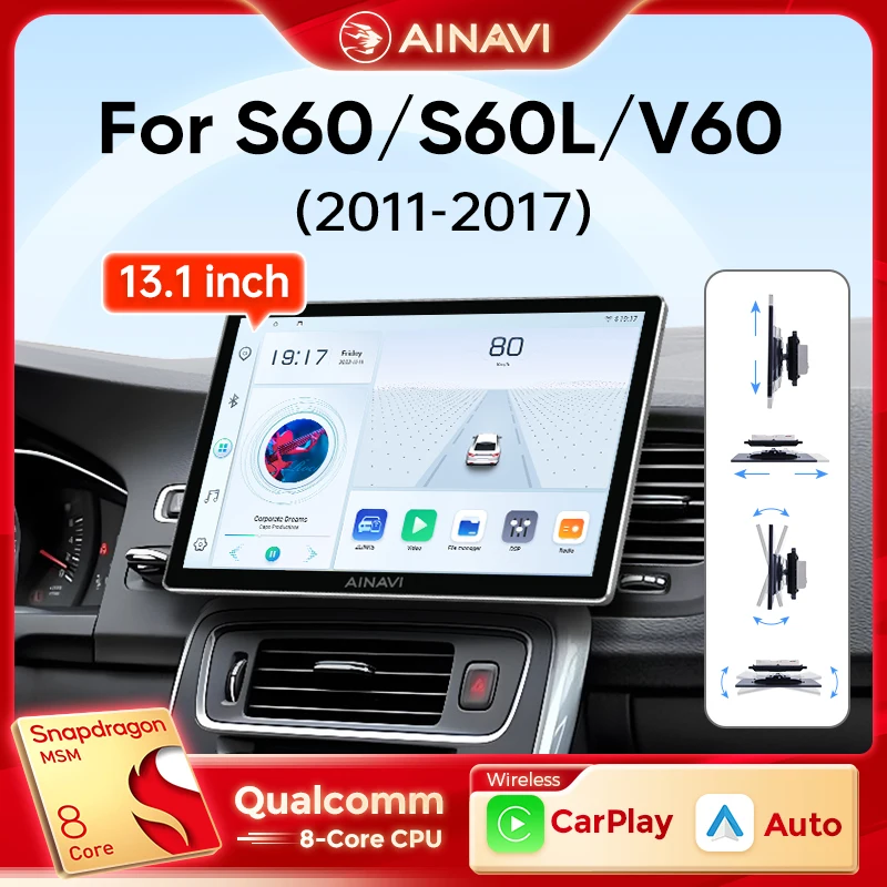 Ainavi 13,1-дюймовый для Volvo S60 S60L V60 2011 2013 2014 2015 2016 2017, автомобильный радиоприемник, беспроводной Carplay Android, автомультимедийный плеер