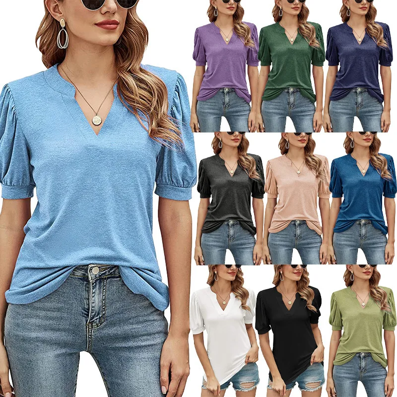 T Shirt Women Europe 2022 New Summer Leisure v-neck Pure Color Female hubble-bubble Sleeve Loose t-shirts Tshirt YRW6981