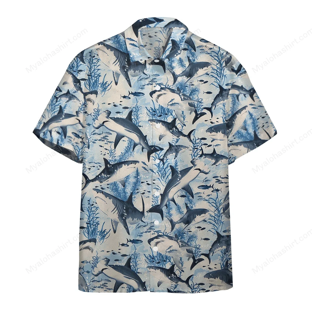 Hawaiian Shirts for Men Cool Shark Print Shirts Nature Sea Summer Beach Casual Button Up Hawaii Shirts