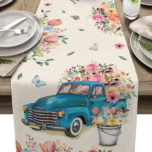 용수철 튤립 꽃 블루 트럭 린넨 테이블 러너 드레서 스카프 테이블 장식, 농가 주방 다이닝 테이블 러너 파티 장식 