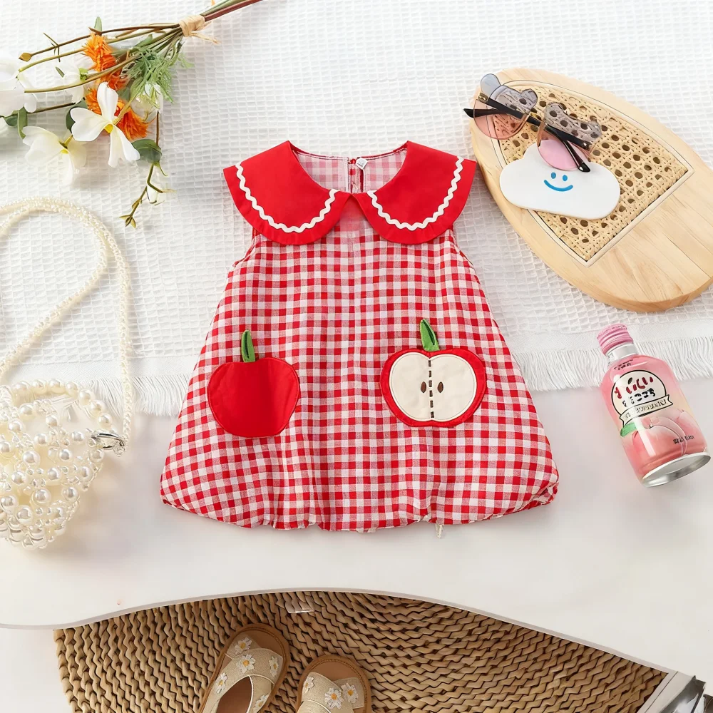 Mädchen Kleid Sommer Plaid Cartoon Ärmelloses Baby Mädchen Kleid Entzückende Kragen Baby Kleid Baby Mädchen Kleidung