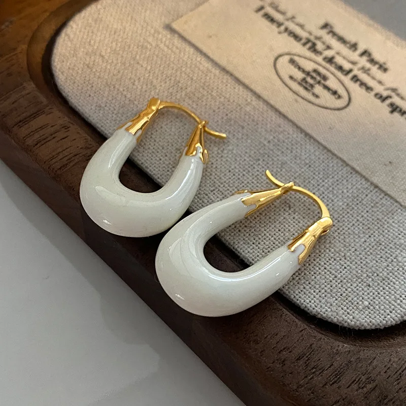 Fashion Milky‑White Enamel Hoop Earrings for Women, High‑End Light‑Luxury Unique Design Click‑In Ear Buckle Earrings, Exquisite