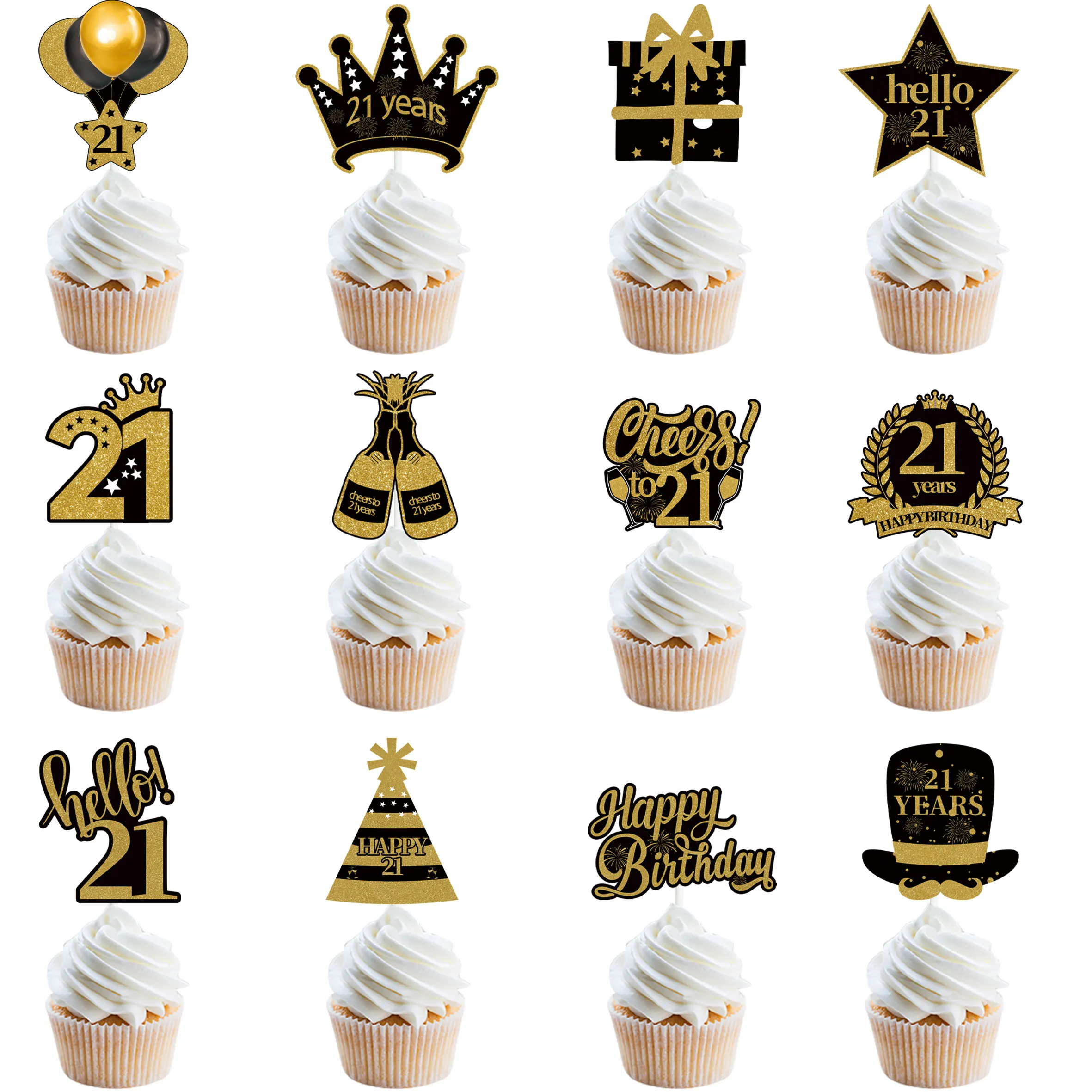 12Pcs 30th 40th 50th 60th Birthday Party Black Gold Cake Toppers Adult Birthday Anniversary 18 30 40 50 Year Birthday Supplies