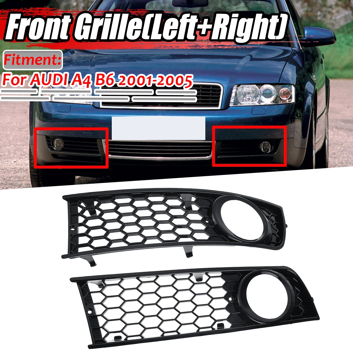 Frontstoßstange Nebelscheinwerfer Lampengrill Grillabdeckung für Audi A4 B6 2002 2003 2004 2005, Waben-Nebelscheinwerfer, offener Lüftungsgitter