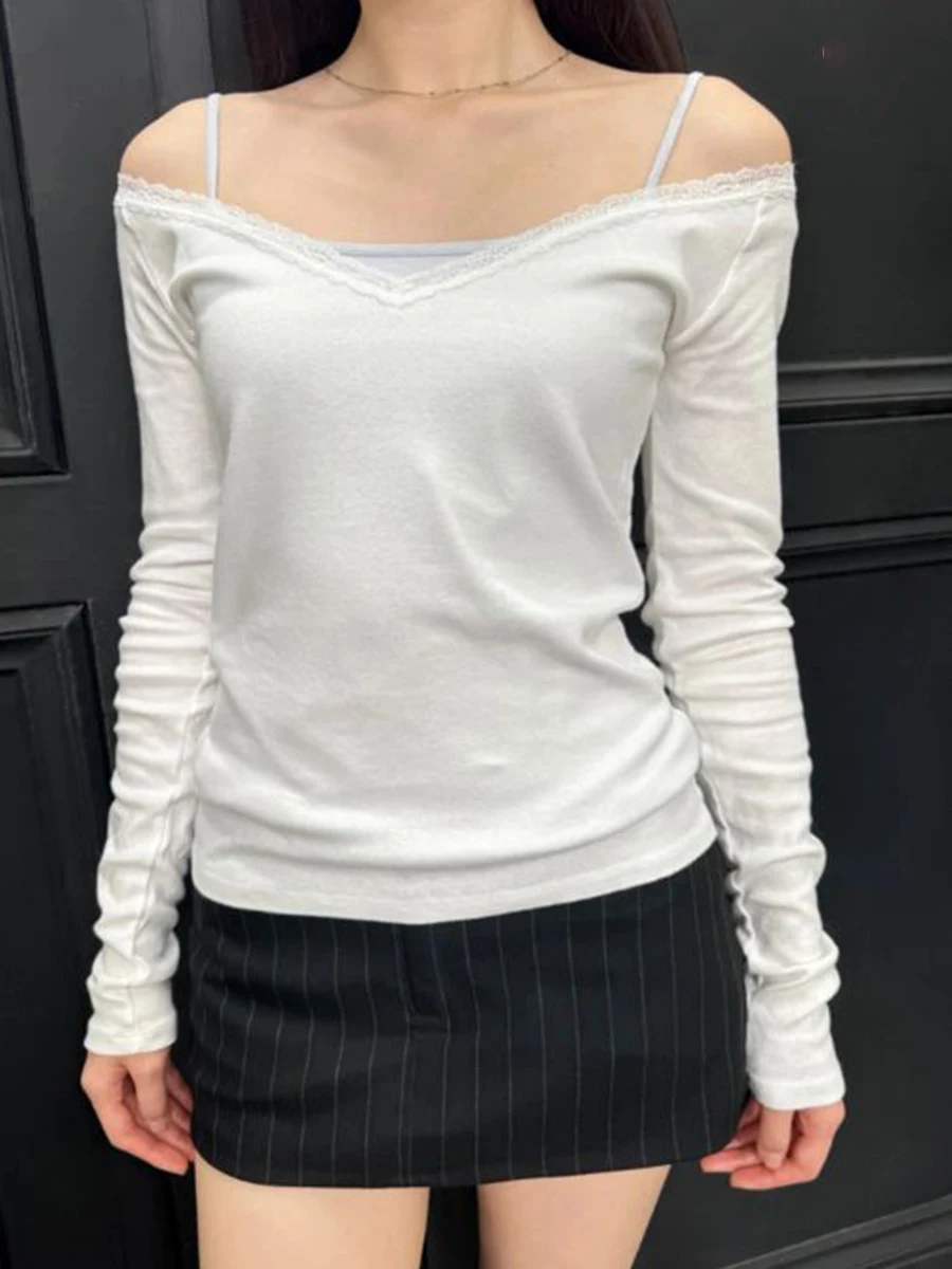 

White Lace Trim Long Sleeve T-shirt Women Sexy V-neck Soft Cotton Slim Simple Tee Shirts Autumn New Sweet Chic Casual Basic Tops
