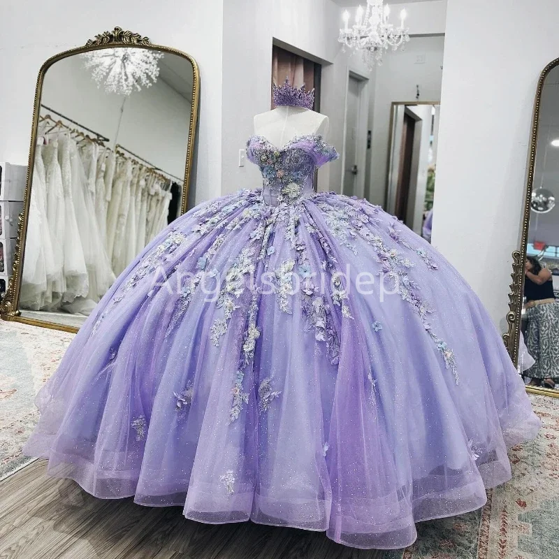 

Angelsbride Bingbing Lilac 3D Handmade Flower Quinnceanera Dress Ball Gown 2025 Brithday Party Vestidos De 15 Anos