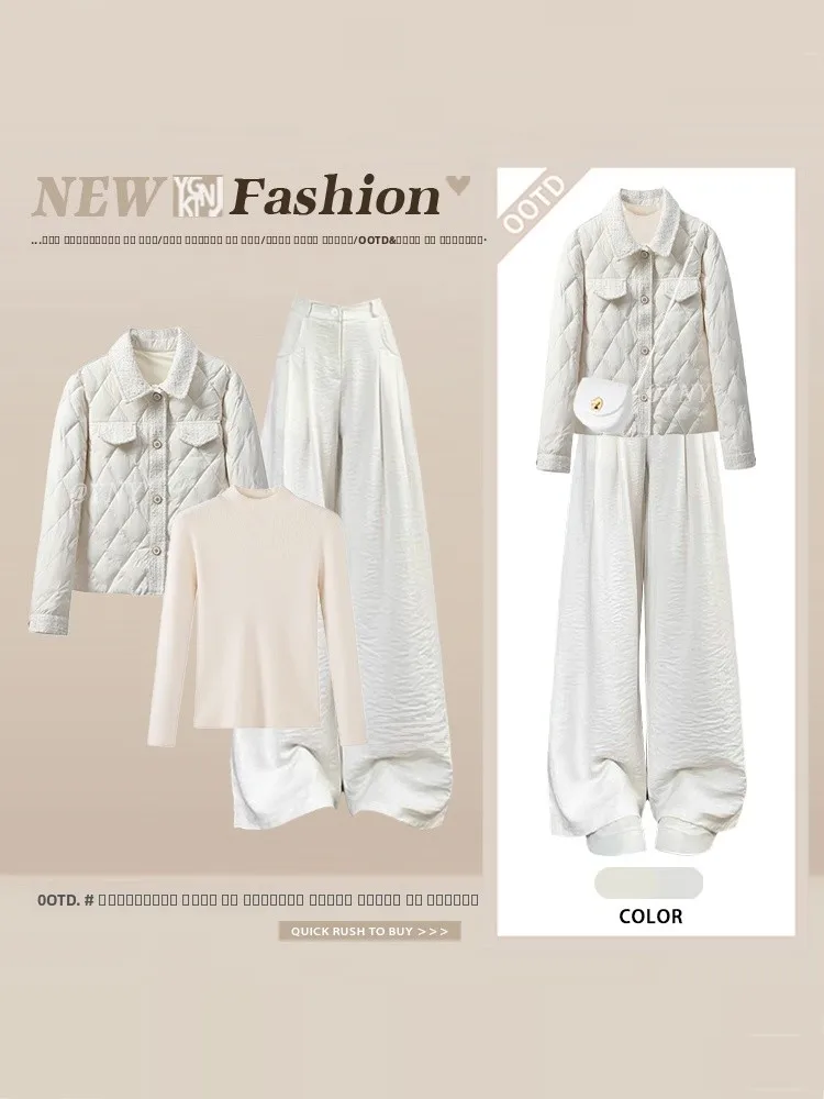 

Warm Cotton Suit Set for Women Winter Commute High Waist Wide Leg Pants Quilted Pattern Two Piece Set Sli And Simple