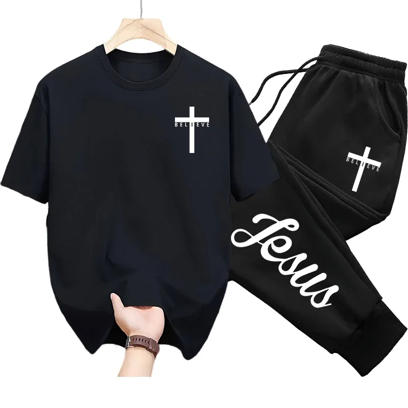 

Jesus Christ Faith T-shirts Sweatpants Classic Cross Print O-neck Cotton Tees Spring Summer Men's Set 2025 Casual Sporty Outfits