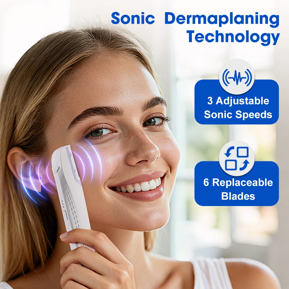 سونيك Dermaplaning الحلاقة للنساء الوجه تقشير الشعر والزغب أداة إزالة الصواميل اللحية أداة قص الحواجب مع الضوء 6 استبدال شفرات
